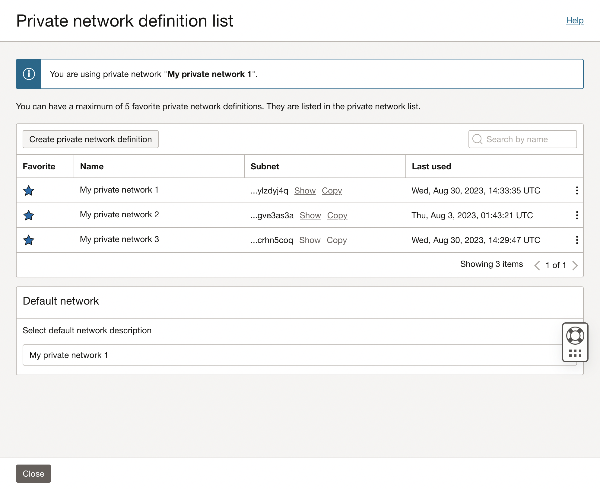 Cloud Shell Private Network definition list