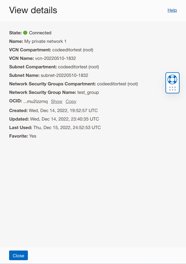 Cloud Shell private network details view