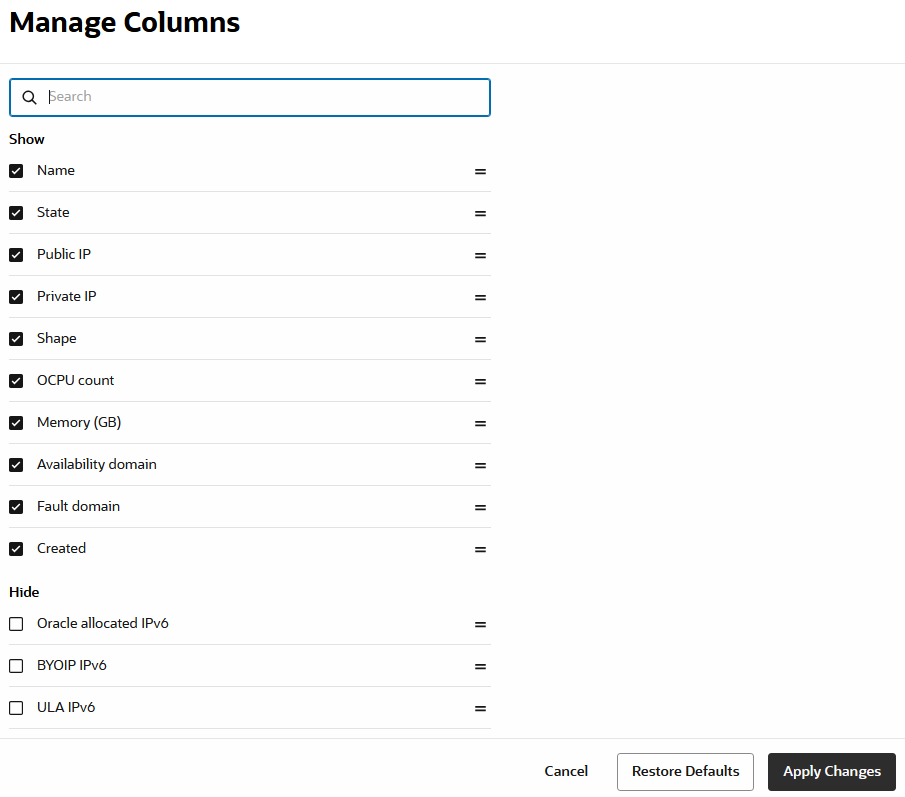 Screenshot showing Manage Columns panel