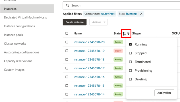 Screenshot showing compute instances list page with the sort feature on the State column highlighted and showing value options