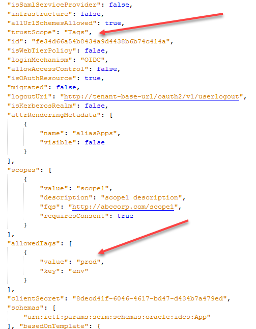 A part of an example request with a red arrows pointing to the trustScope parameter and the allowedTags parameter.