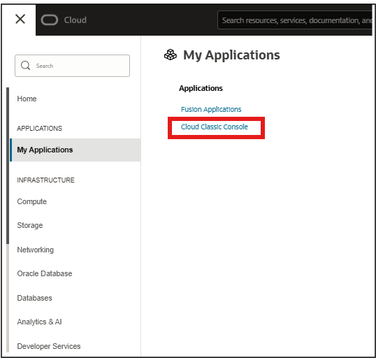 Image showing navigation to Cloud Classic Console