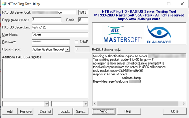 Screenshot of NTRadPing Test Utility in Windows