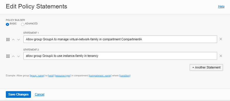 This image shows the advanced policy builder editor with two statements