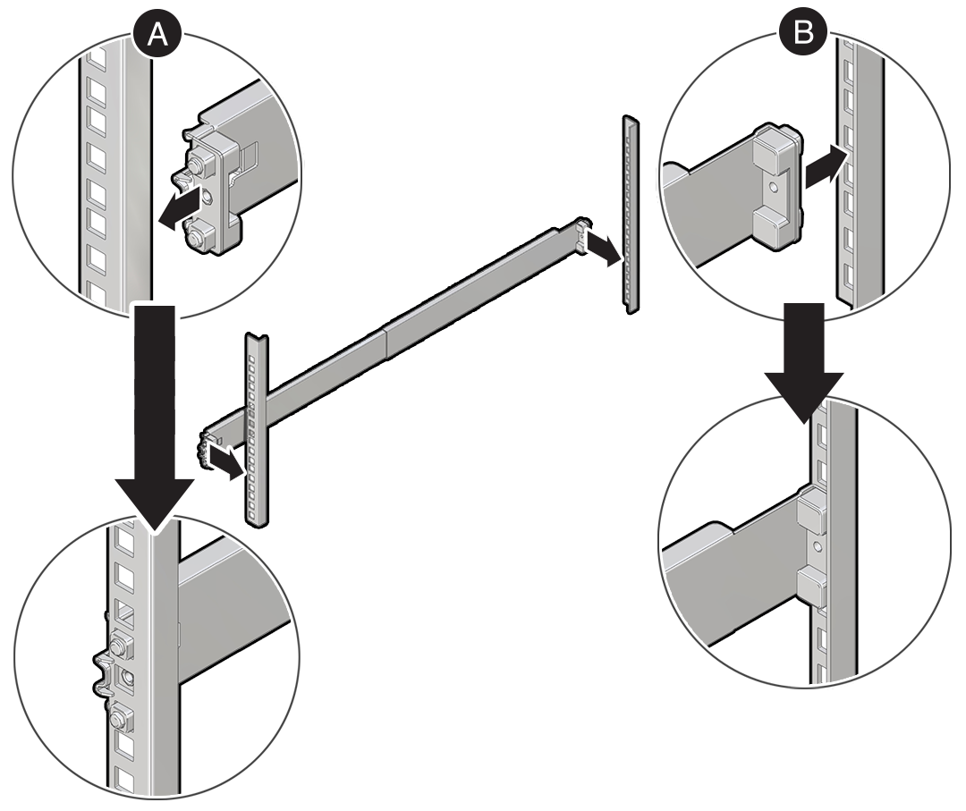 An illustration showing how to mount the mounting brackets to a rack.