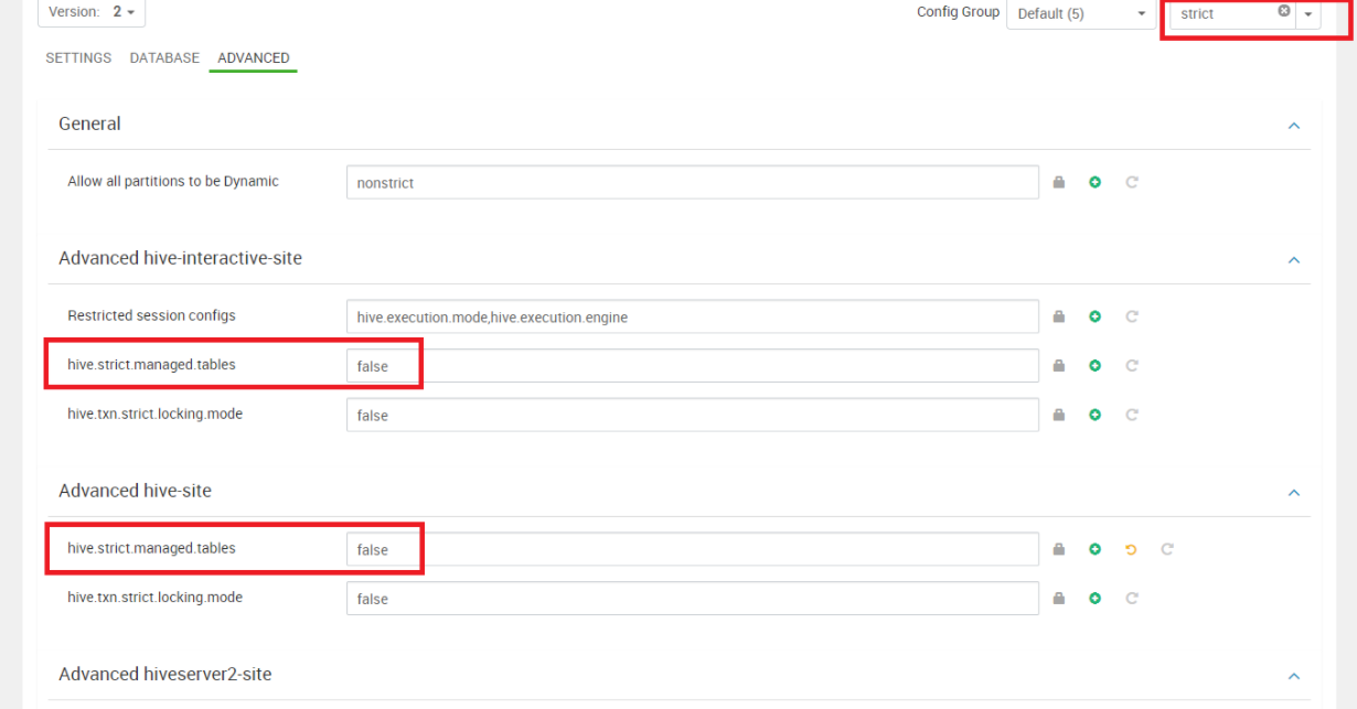 A screenshot of the Advanced settings of Apache Ambari dashboard's Hive page. In the Advanced hive-interactive-site and the                     Advanced hive-site sections, the hive.strict.managed.tables field is set to false.