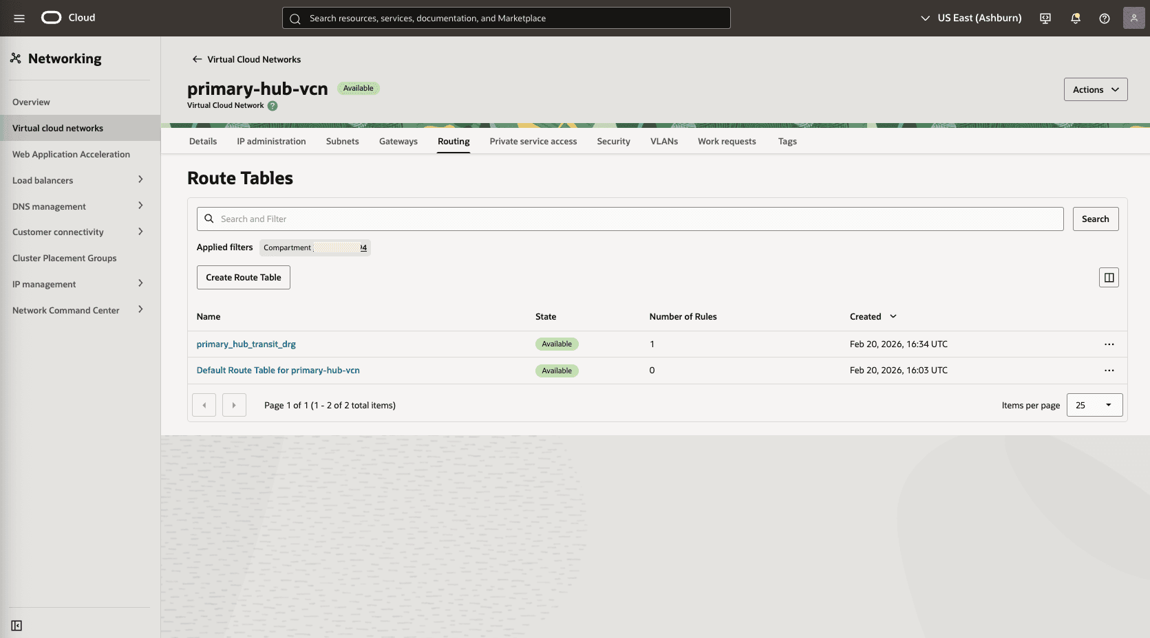 This screenshot shows how to configure the network in the primary region.