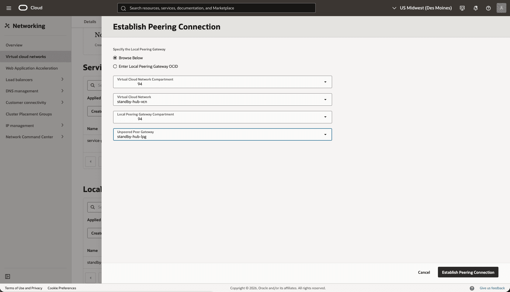 This screenshot shows how to configure the network in the standby region.