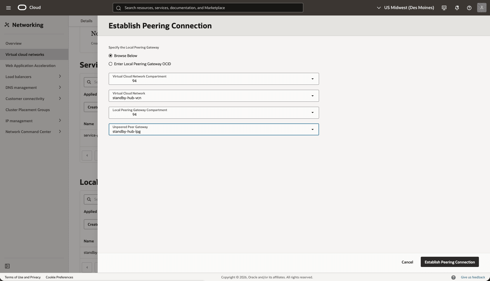 This screenshot shows how to configure the network in the standby region.