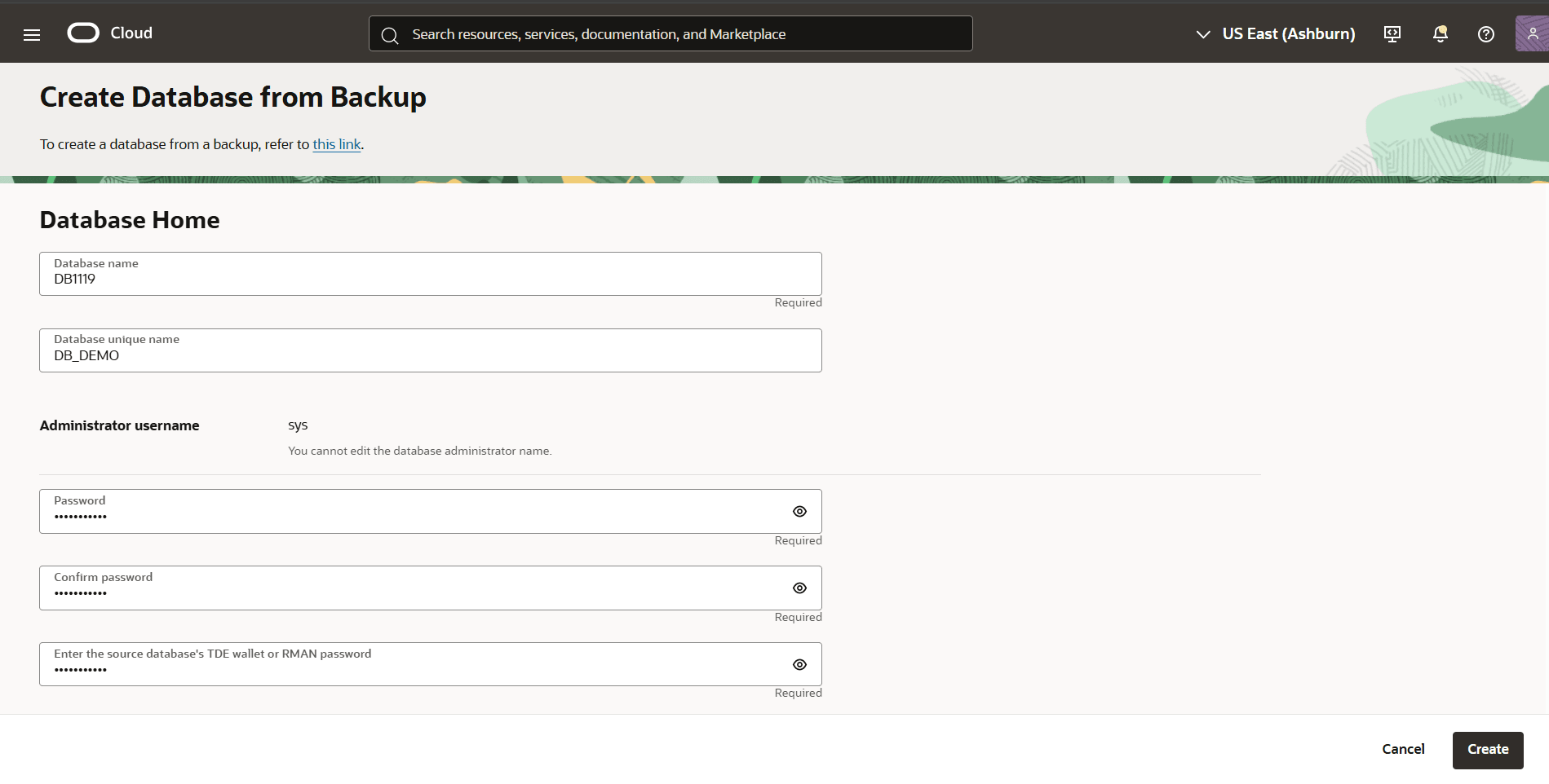 This screenshot shows how to create a database from backup.
