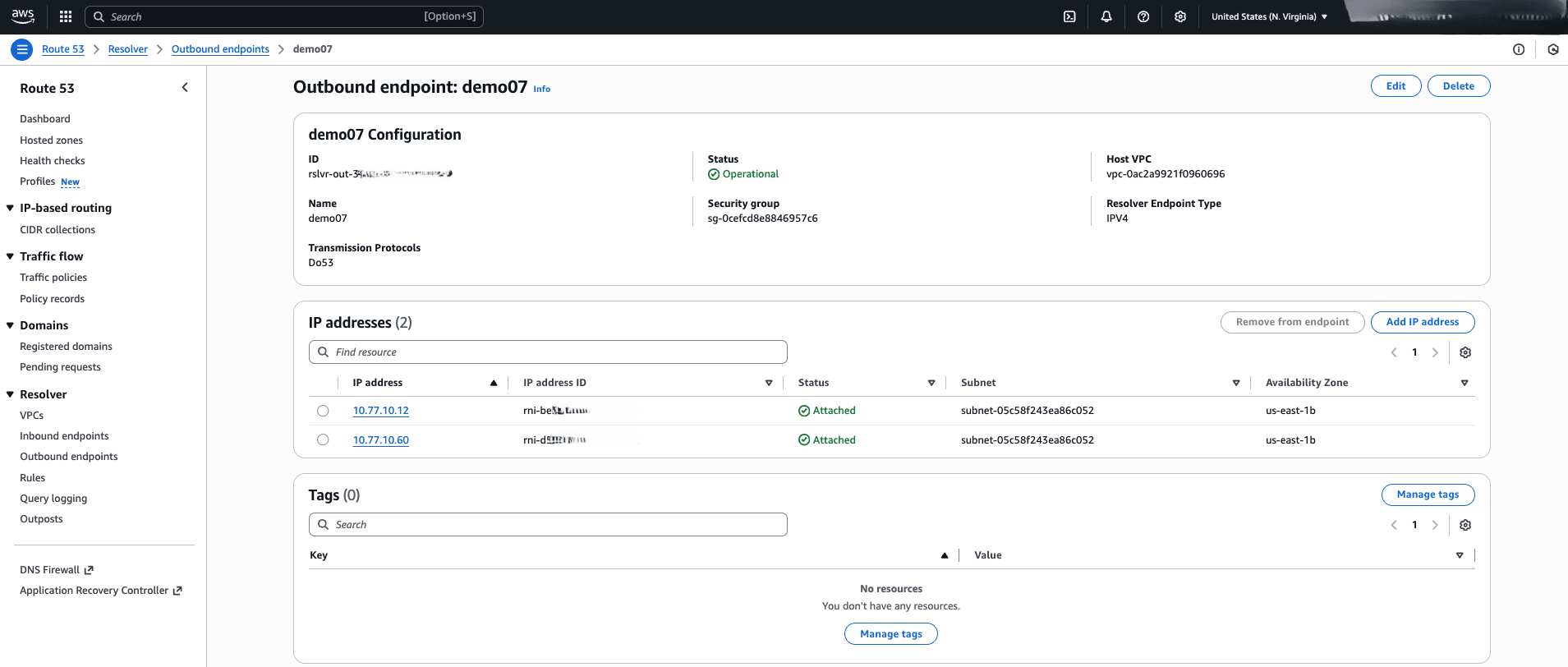 This screenshot shows the Route 53 Outbound Endpoint Configuration steps.