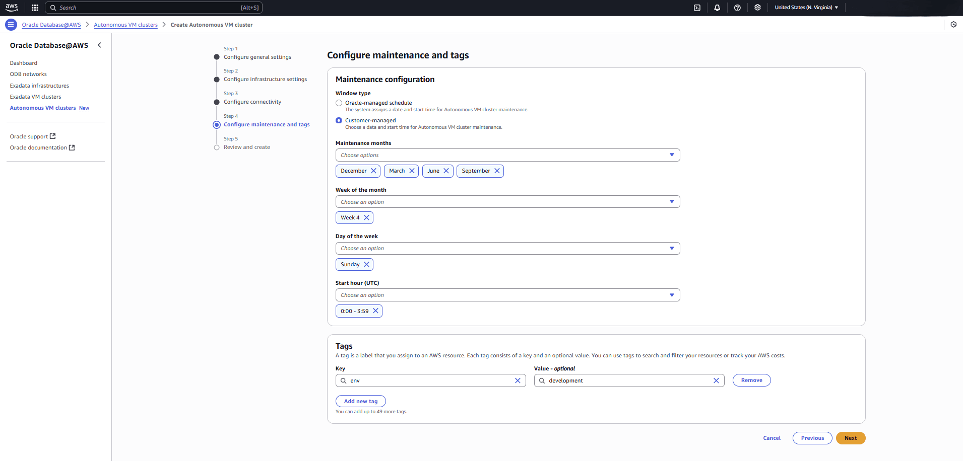 This screenshot shows the fourth part of creating an Autonomous VM Cluster
