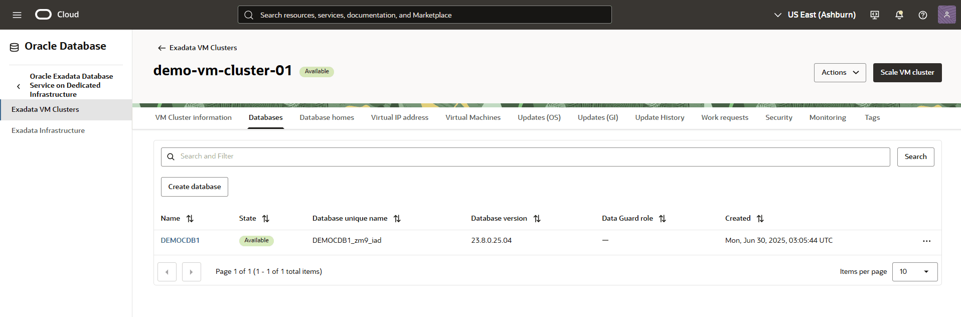 This screenshot shows the final step of creating an Exadata Database.