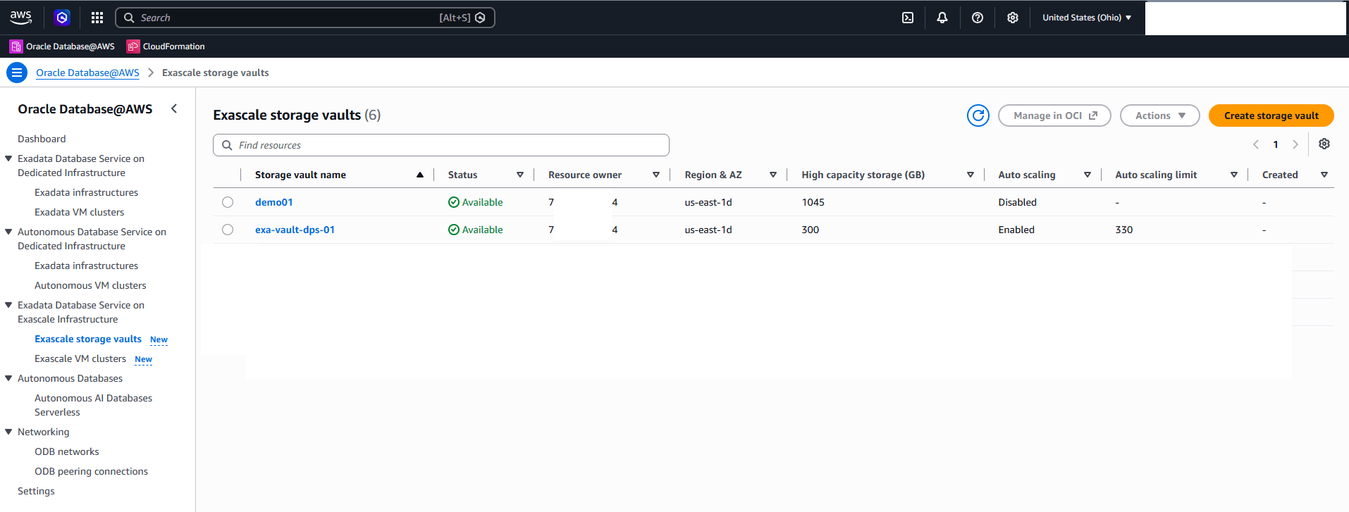 This screenshot shows how to view the details of an Exascale storage vault.
