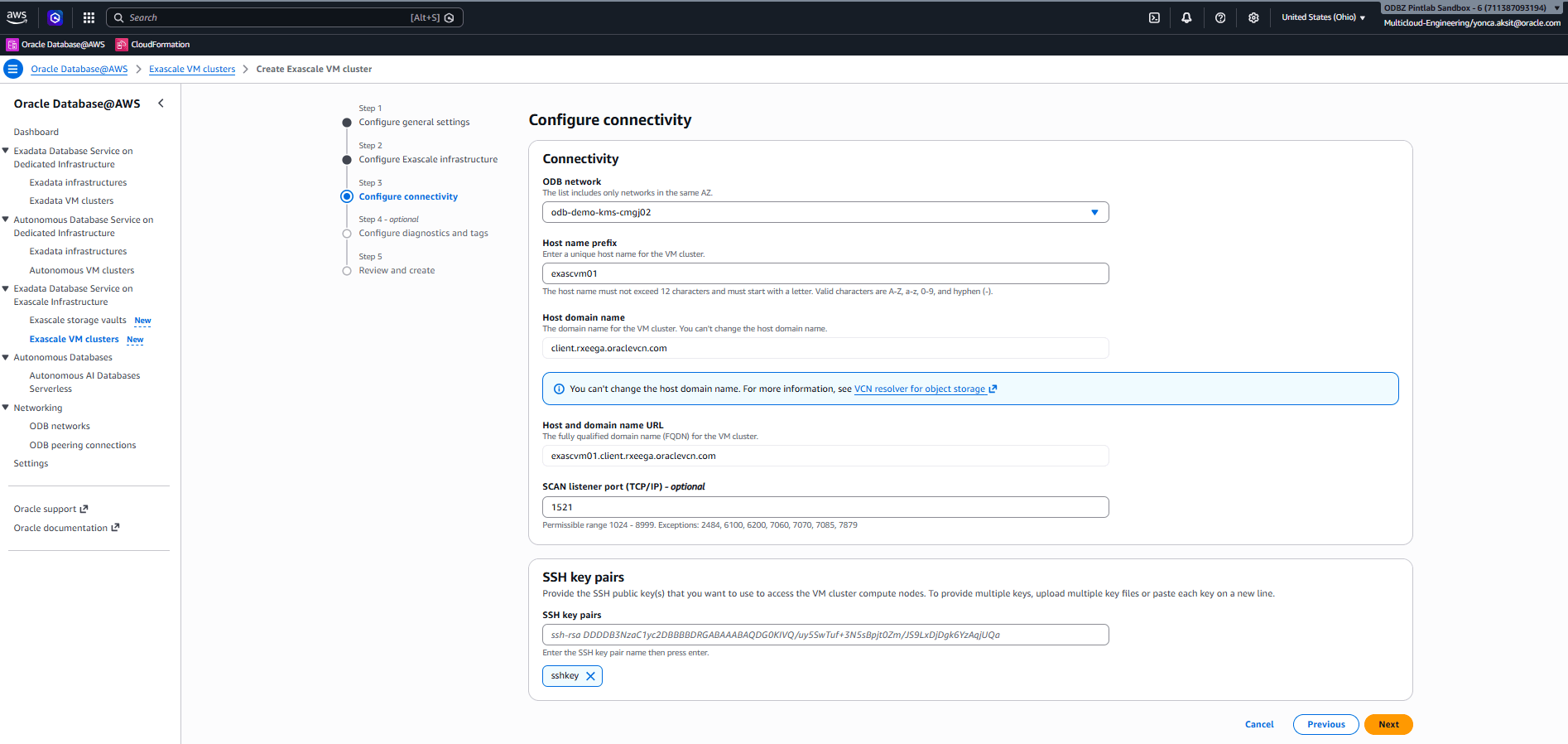 This screenshot shows how to create an ExascaleVM Cluster.