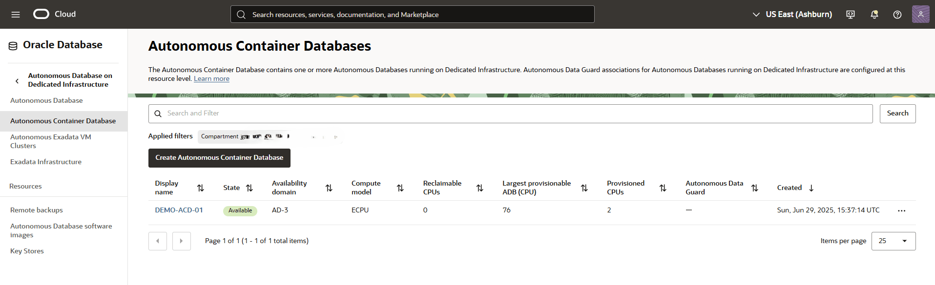 This screenshot shows the final step of creating an Autonomous Container Database.