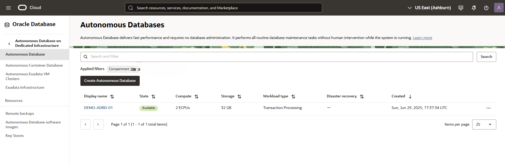 This screenshot shows the final step of creating an Autonomous Database.