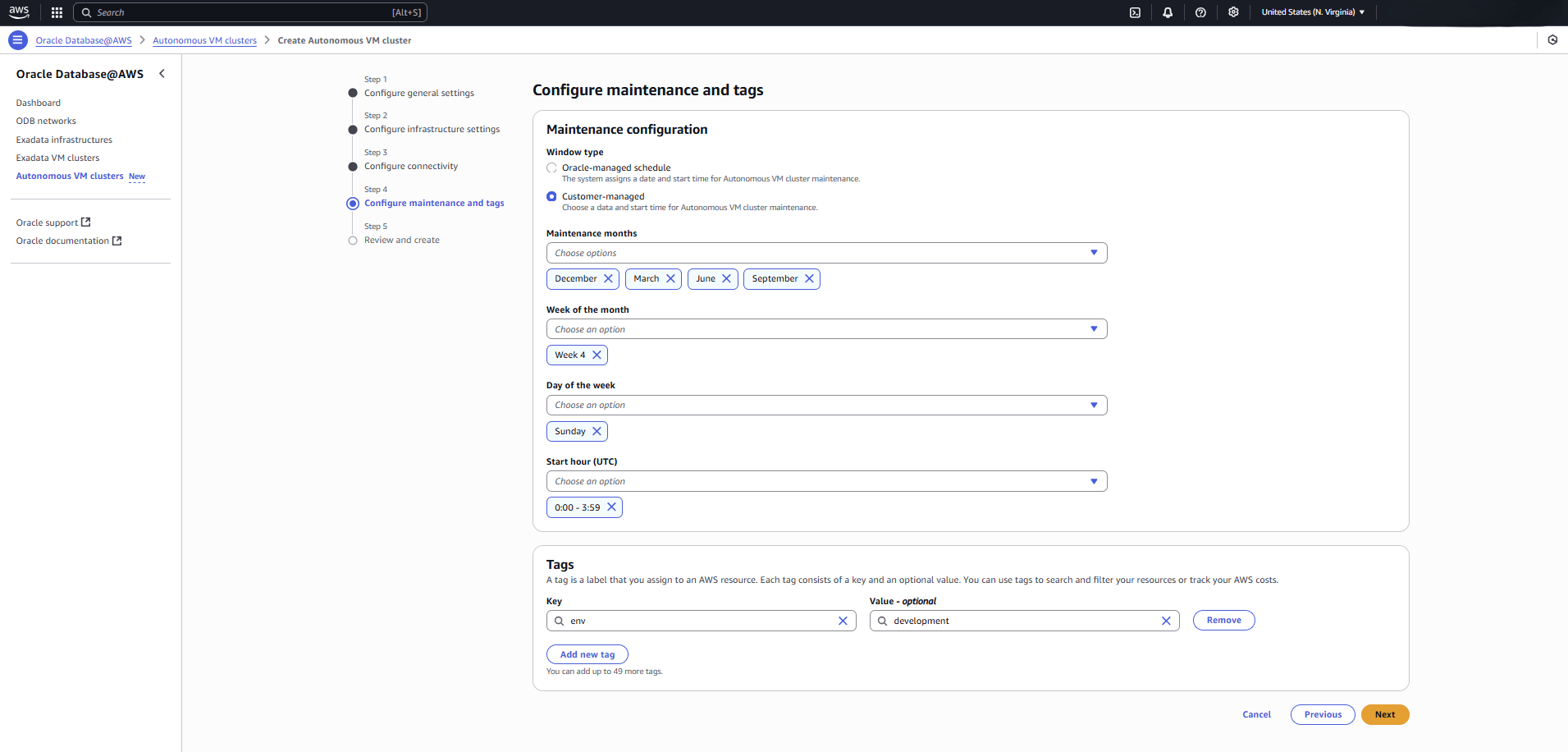 This screenshot shows the fourth part of creating an Autonomous VM Cluster This screenshot shows the fourth part of creating an Autonomous VM Cluster