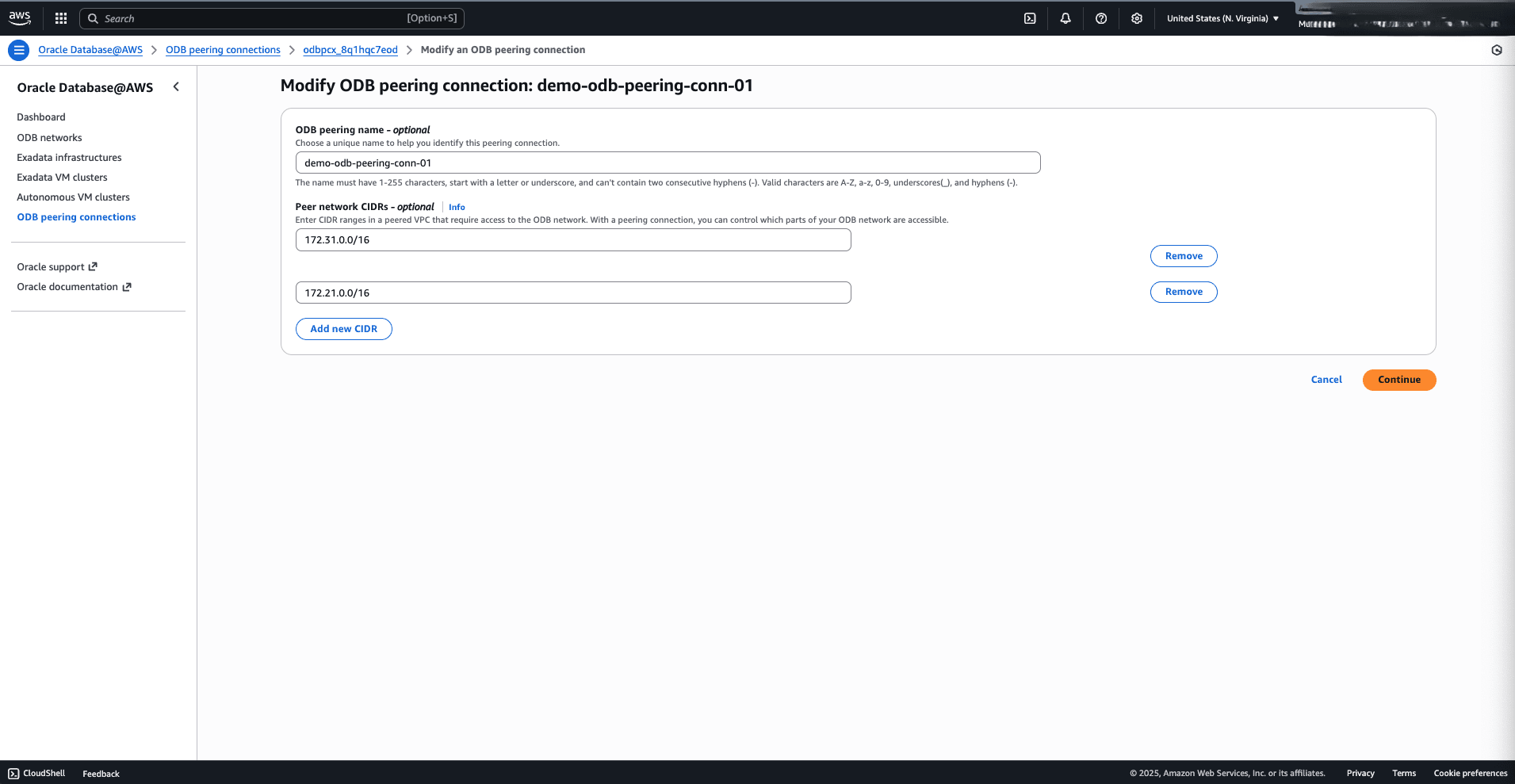 This screenshot shows how to modify an ODB peering connection.