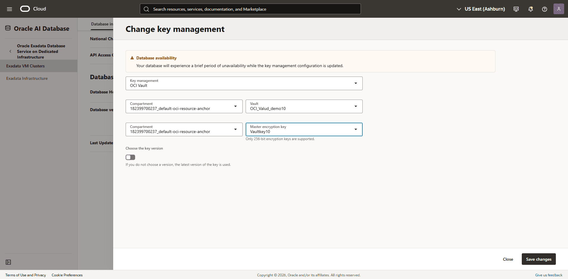This screenshot shows how to change key management.