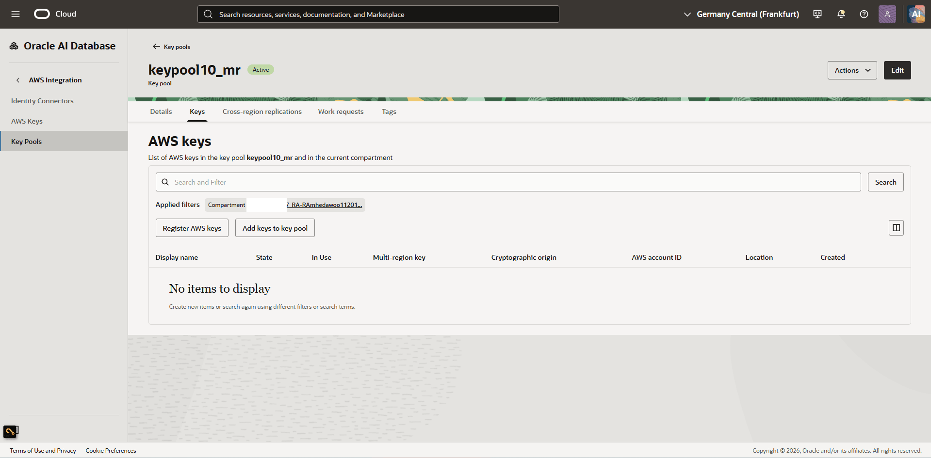 This screenshot shows how to register an AWS key.