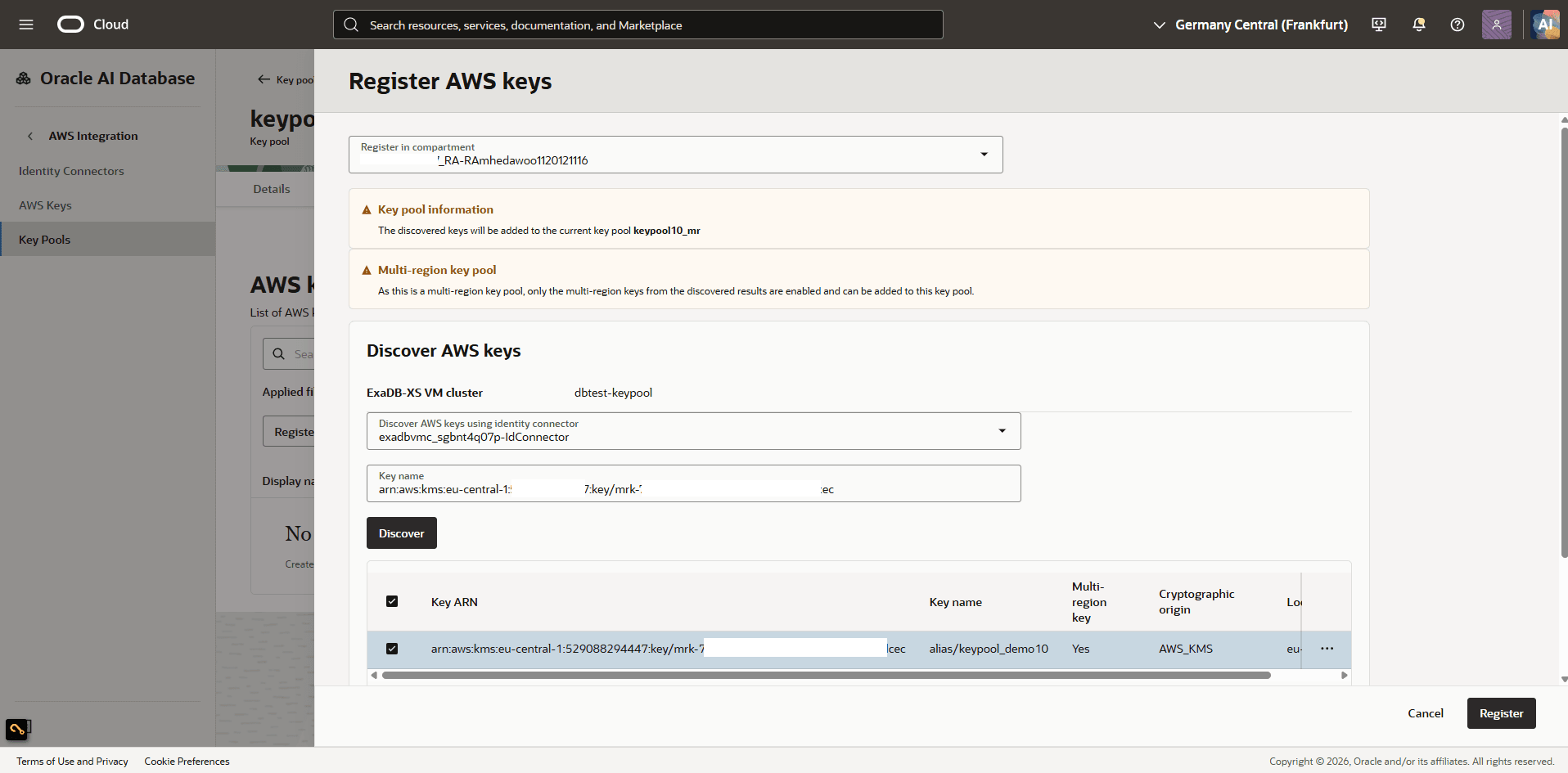 This screenshot shows how to review the details of an AWS key.