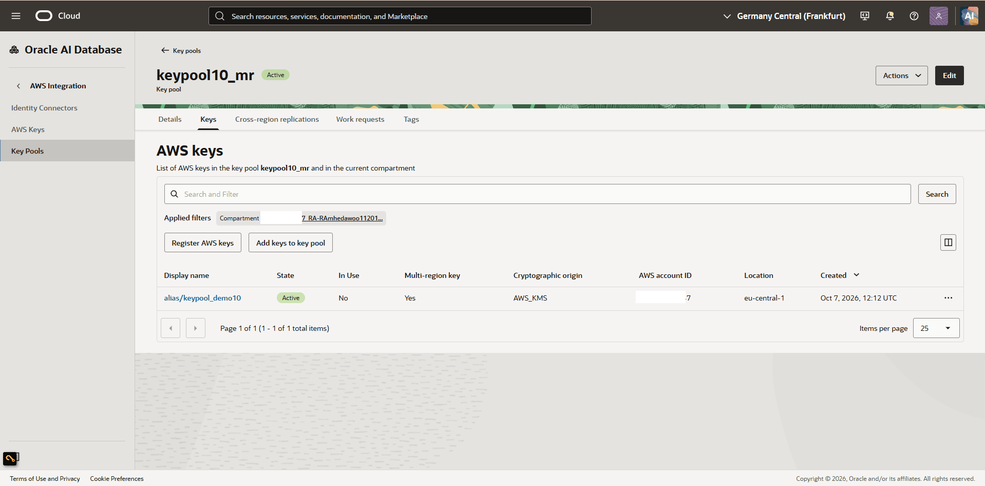 This screenshot shows how to review the details of an AWS key.