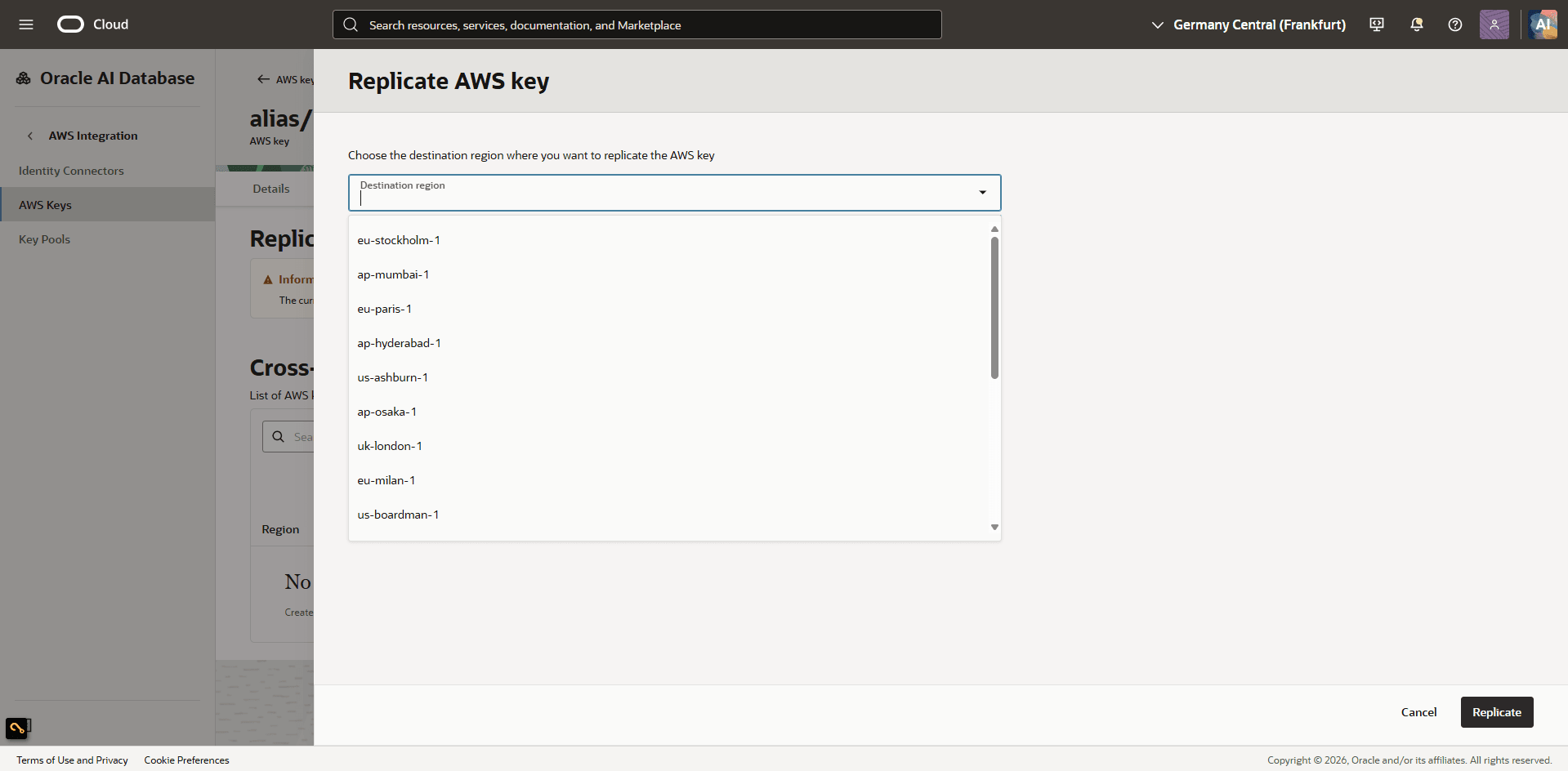 This screenshot shows how to enable cross-region replication for a key.