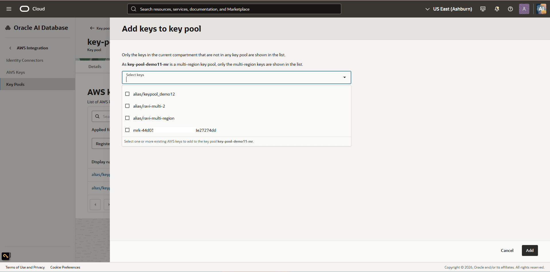 This screenshot shows how to add a key from the key pool.