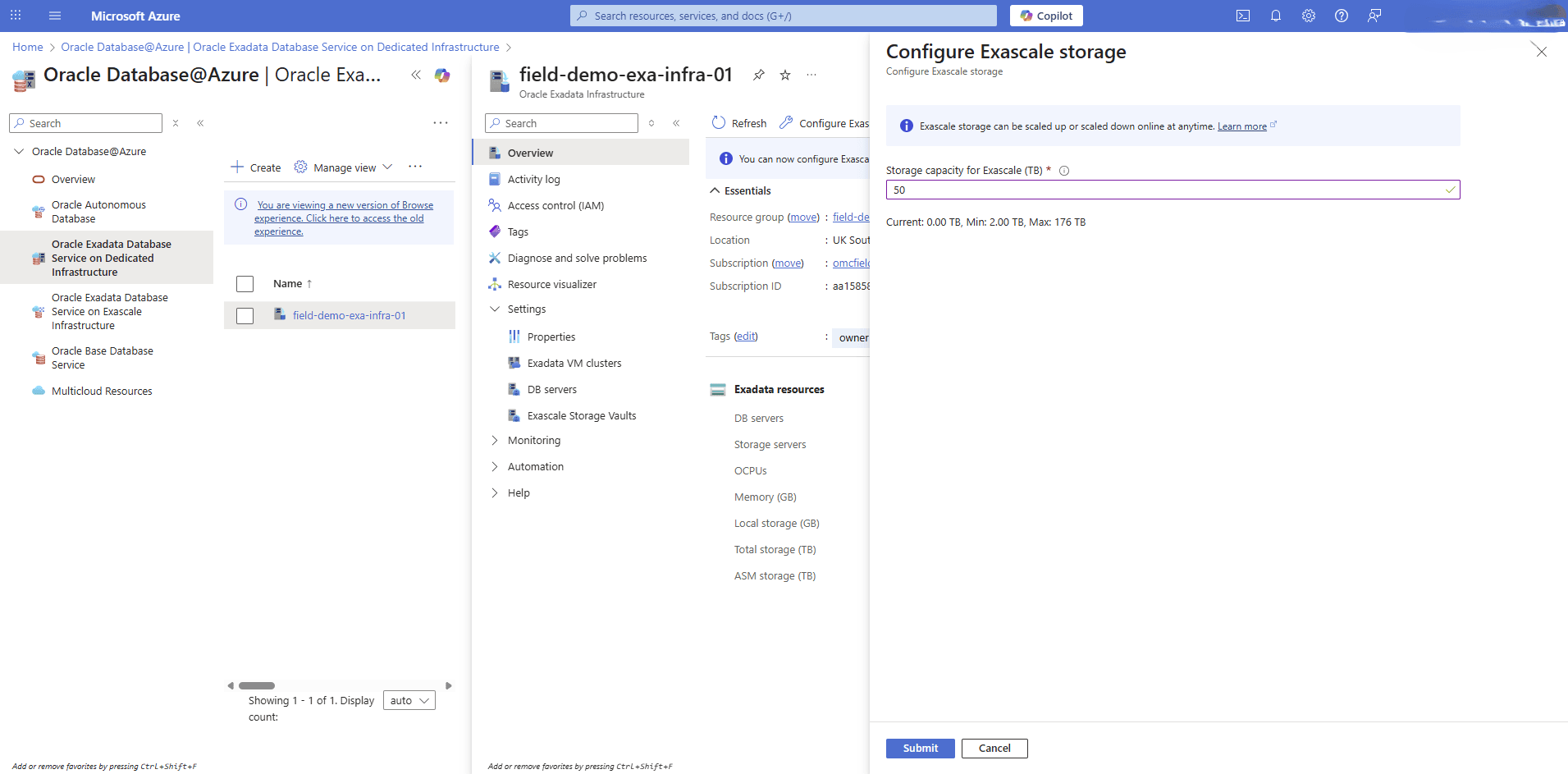 This screenshot shows how to configure Exascale storage.