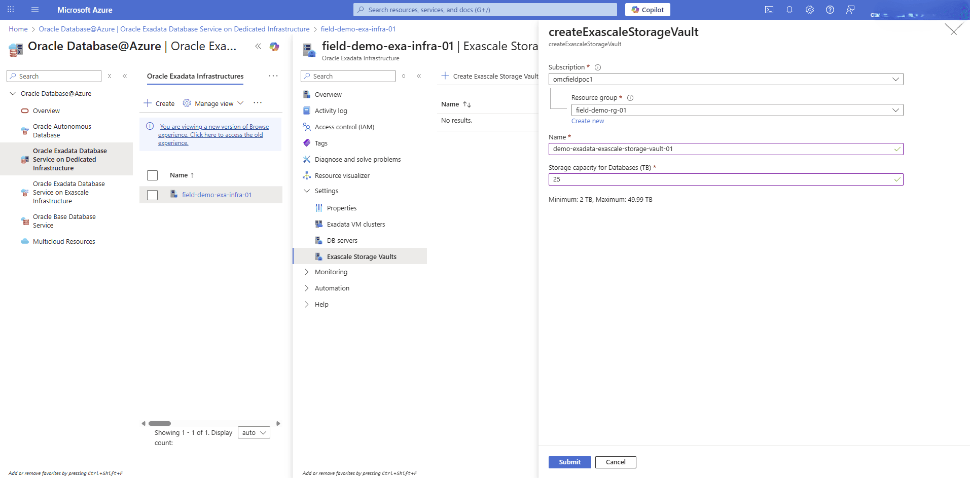 This screenshot shows how to configure Exascale storage vault.