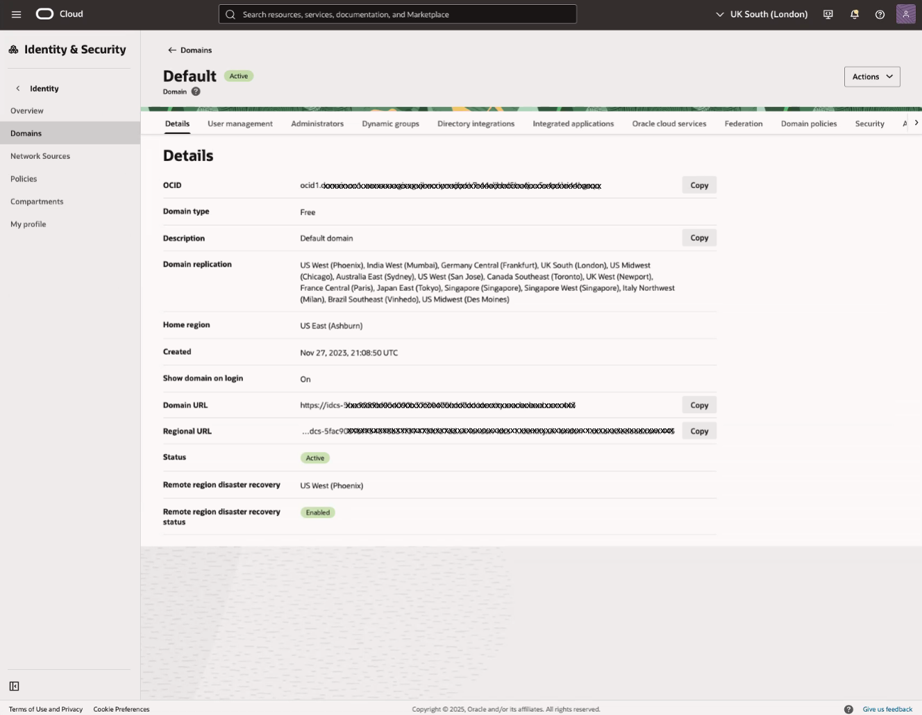 Click to expand An image showing the OCI Console's Identity domain overview page with a user hovering over the Security link.