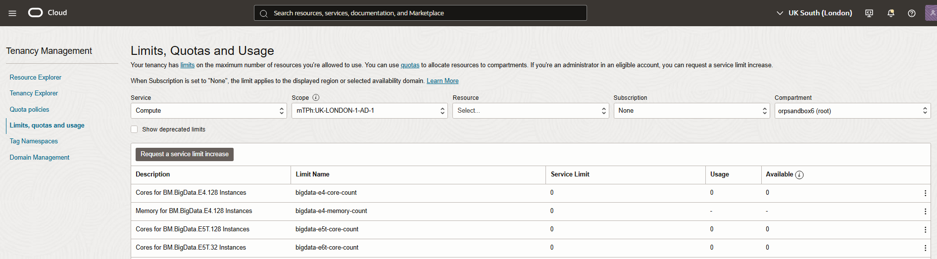 Click to expand limits, quotas, and usage screen