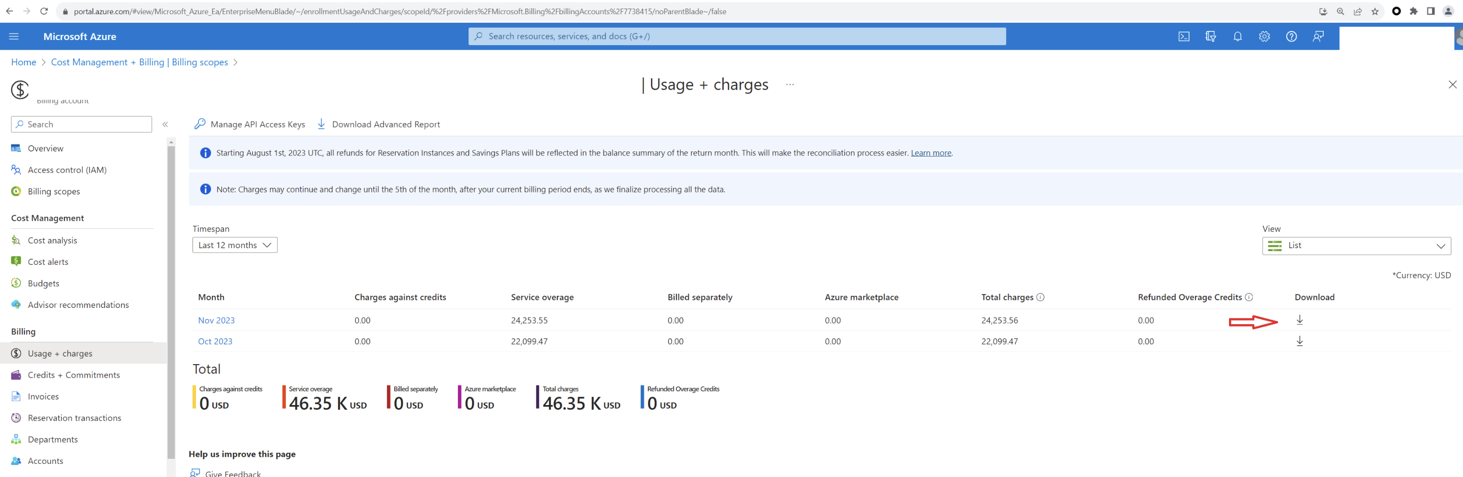 Click to expand An image of the Azure portal "Usage + charges" page in the Billing module.