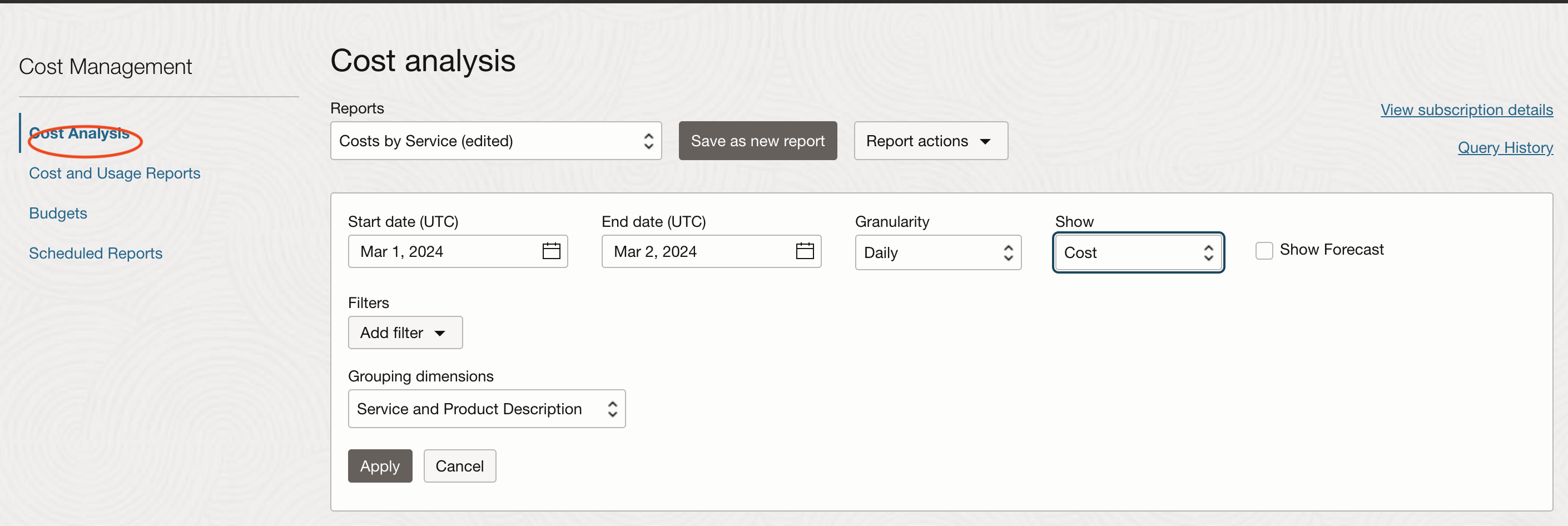 Click to expand An image of the Cost analysis page of the OCI Billing & Cost Management service.