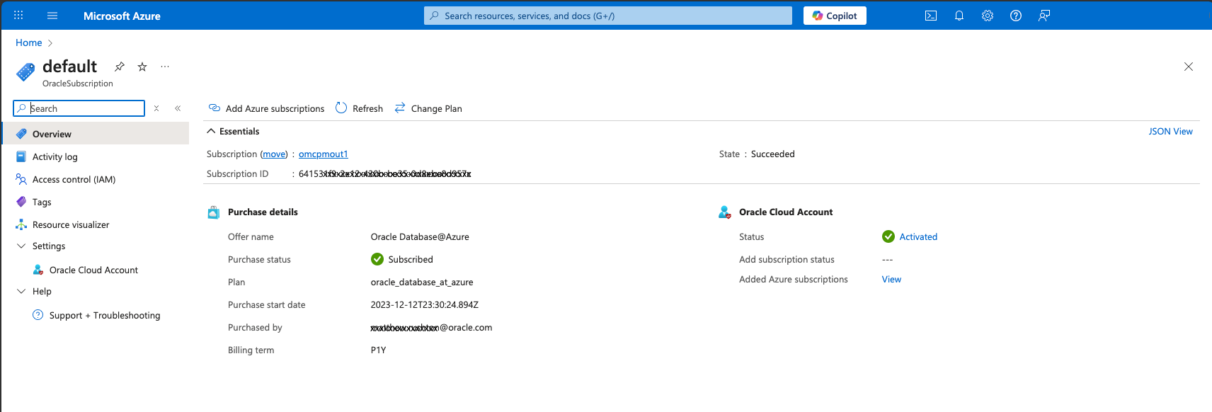 Click to expand An image of the Azure portal showing the Oracle purchase page with the Oracle Cloud account status set to "Validated".