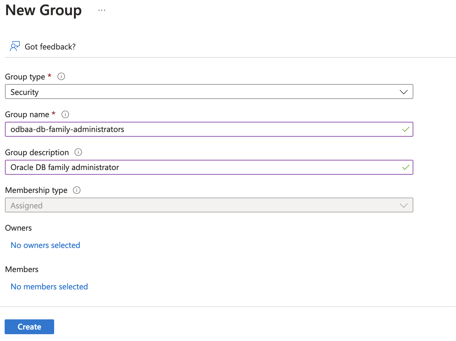Click to expand An image of the New Group creation form in the Azure EntraID service.