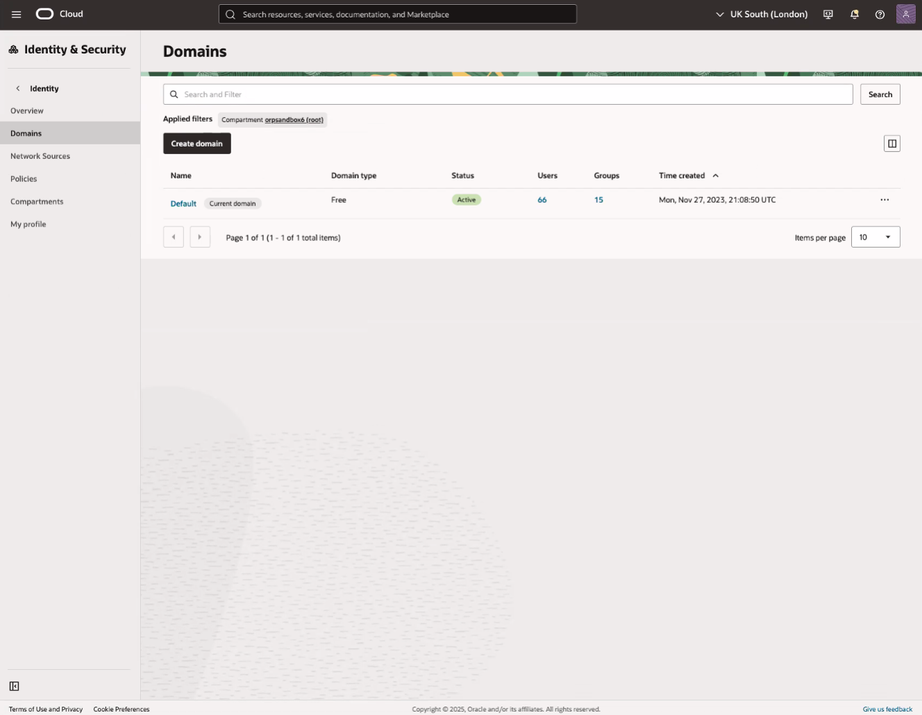 Click to expand An image of the OCI Console list view for Identity domains.
