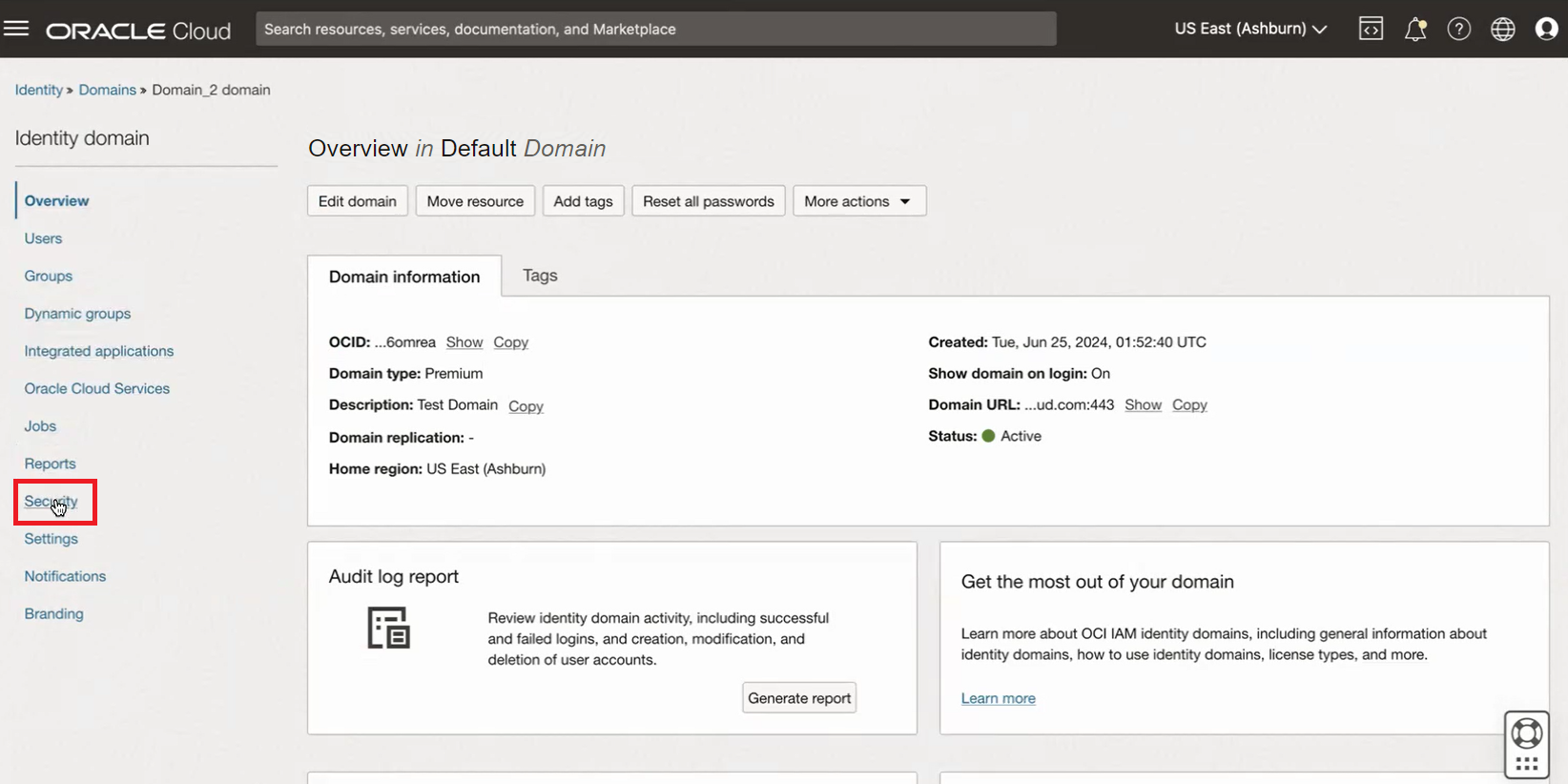 Click to expand An image showing the OCI Console's Identity domain overview page with a user hovering over the Security link.