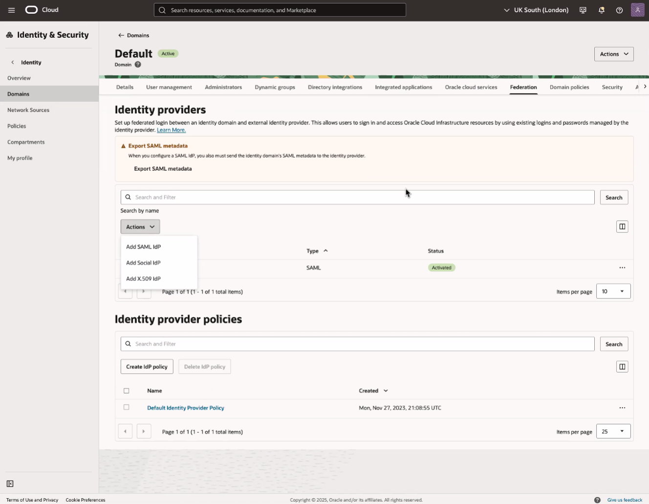 Click to expand An image of the OCI Console's Domain security page with a user hovering over the Identity providers link.