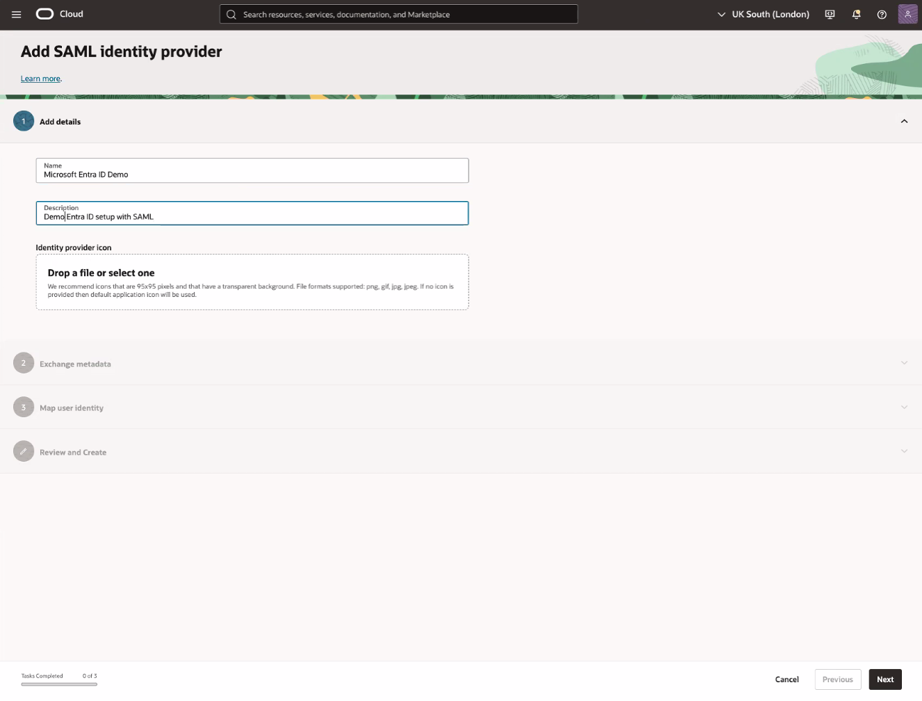 Click to expand An image of the OCI Console showing the name and description fields for the IdP file.