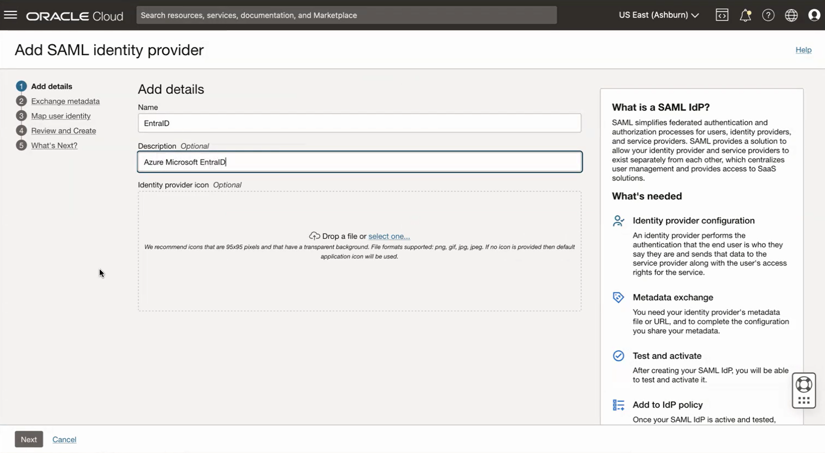 Click to expand An image of the OCI Console showing the name and description fields for the IdP file.