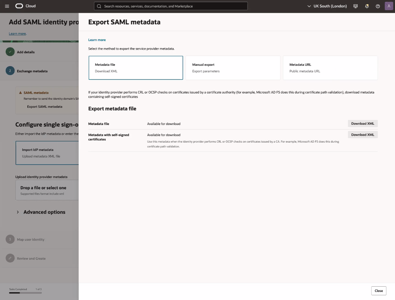 Click to expand An image of the OCI Console showing the Export SAML metadata panel.