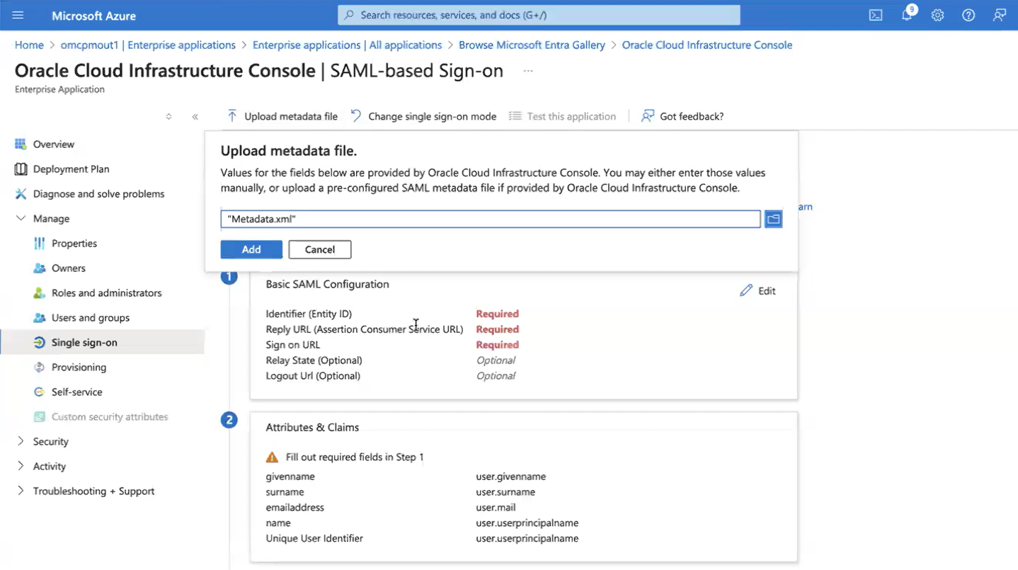 Click to expand An image of the Azure portal showing the uploading of the SAML XML metadata file.