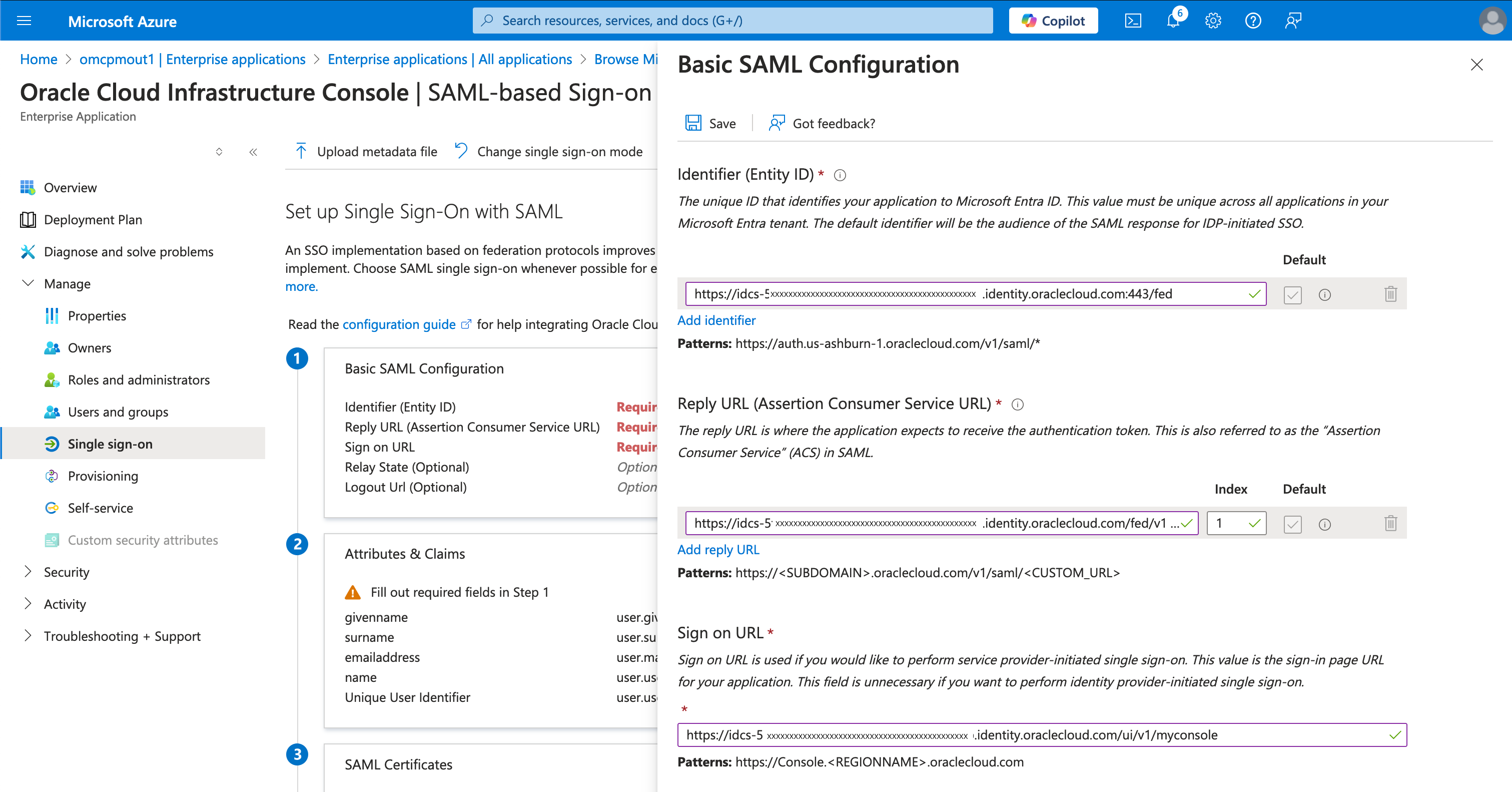 Click to expand An image of the Azure portal showing the Basic SAML Configuration panel with a value pasted into the Sign on URR field.