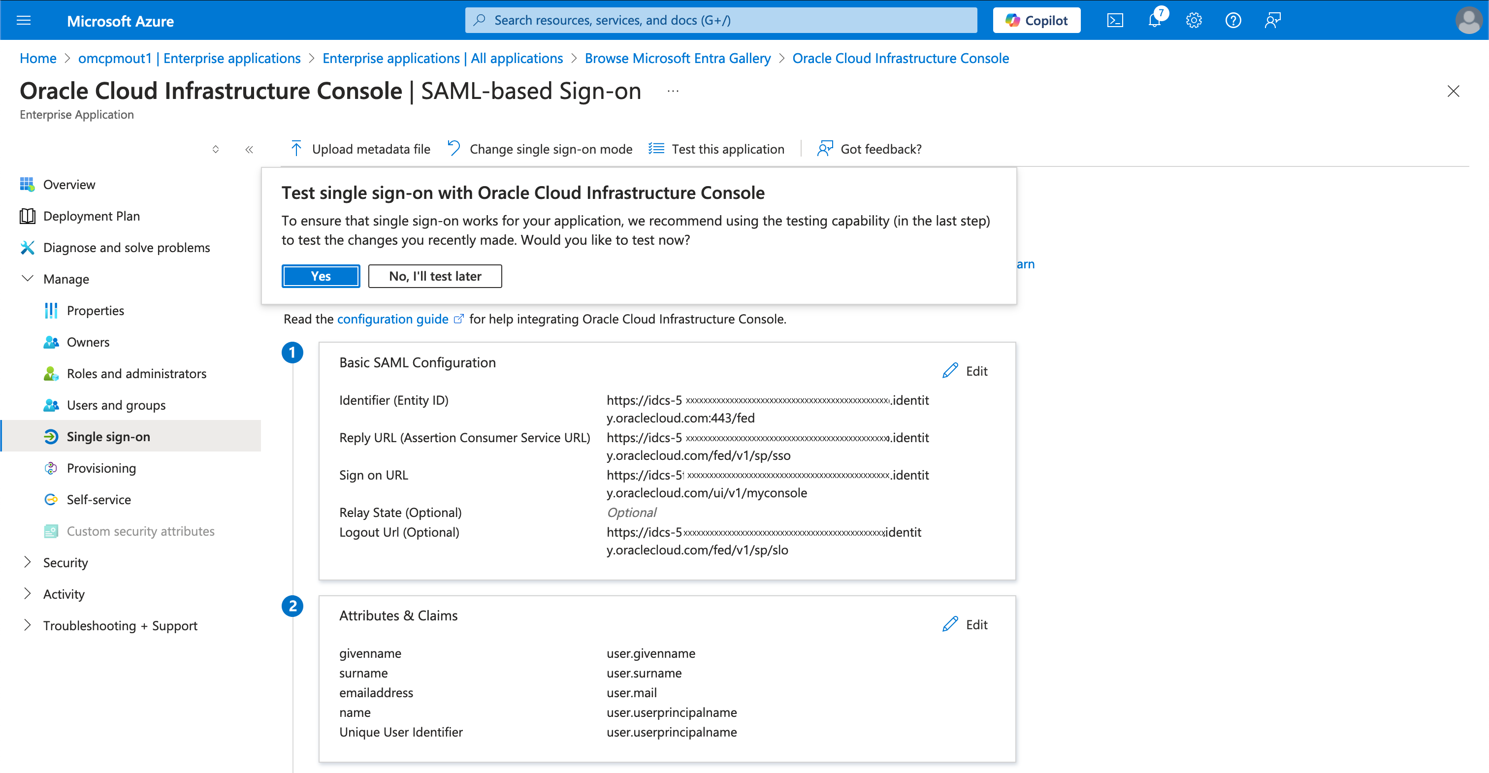 Click to expand An image of the Azure portal showing the Basic SAML Configuration pop-up window offering a test of the sign-on.