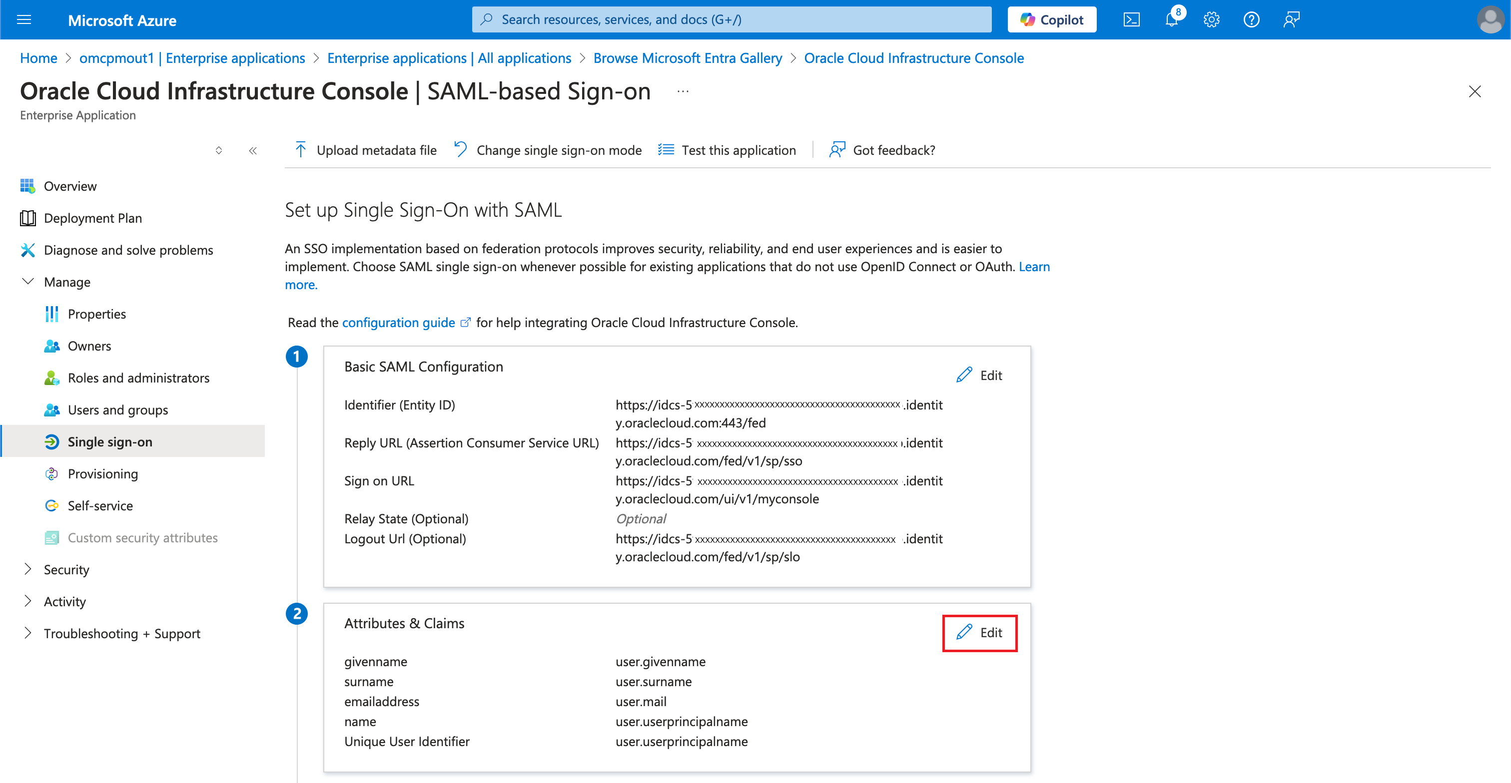 Click to expand An image of the Azure portal showing the Attributes and Claims section of the SAML-based Sign-on setup page.
