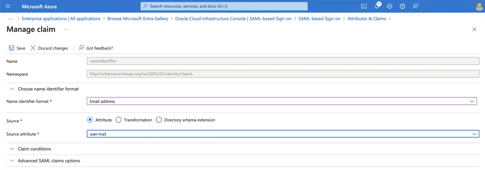 Click to expand An image of the Azure portal showing the Manage claim dialog of the SAML-based Sign-on setup work flow.