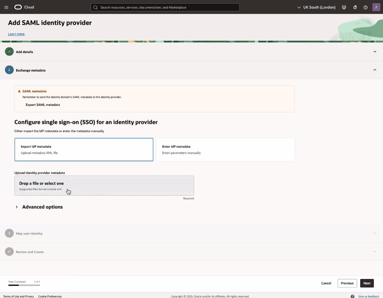 Click to expand An image of the OCI Console showing the Add SAML identity provider page.