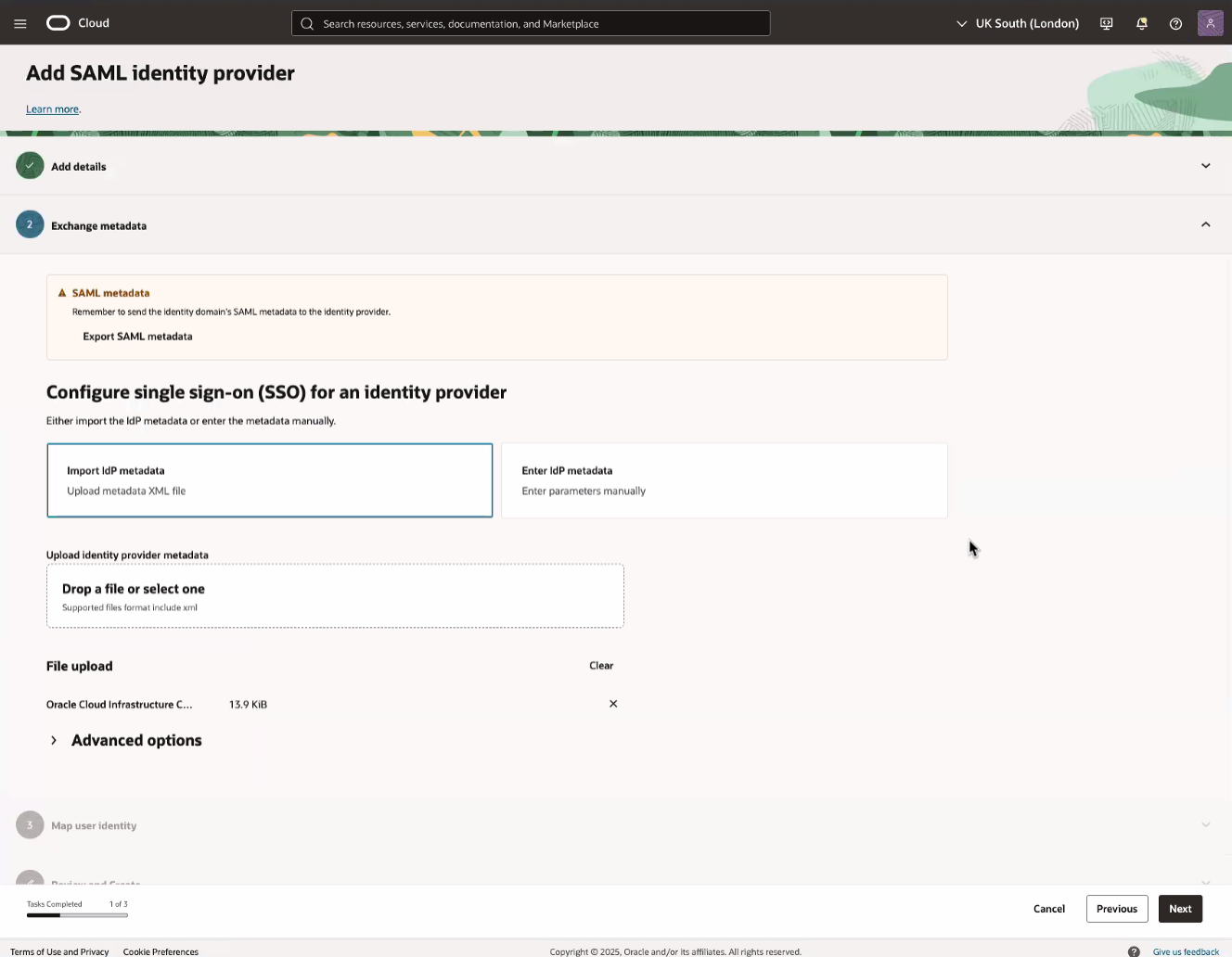 Click to expand An image of the OCI Console showing the Add SAML identity provider page with an uploaded file displayed on the page.